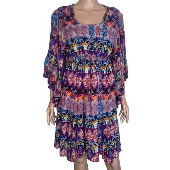 KLOZLYNE Multi Color Red Black Blue Orange BoHo Gypsy Style Dress Size M - Picture 3 of 11